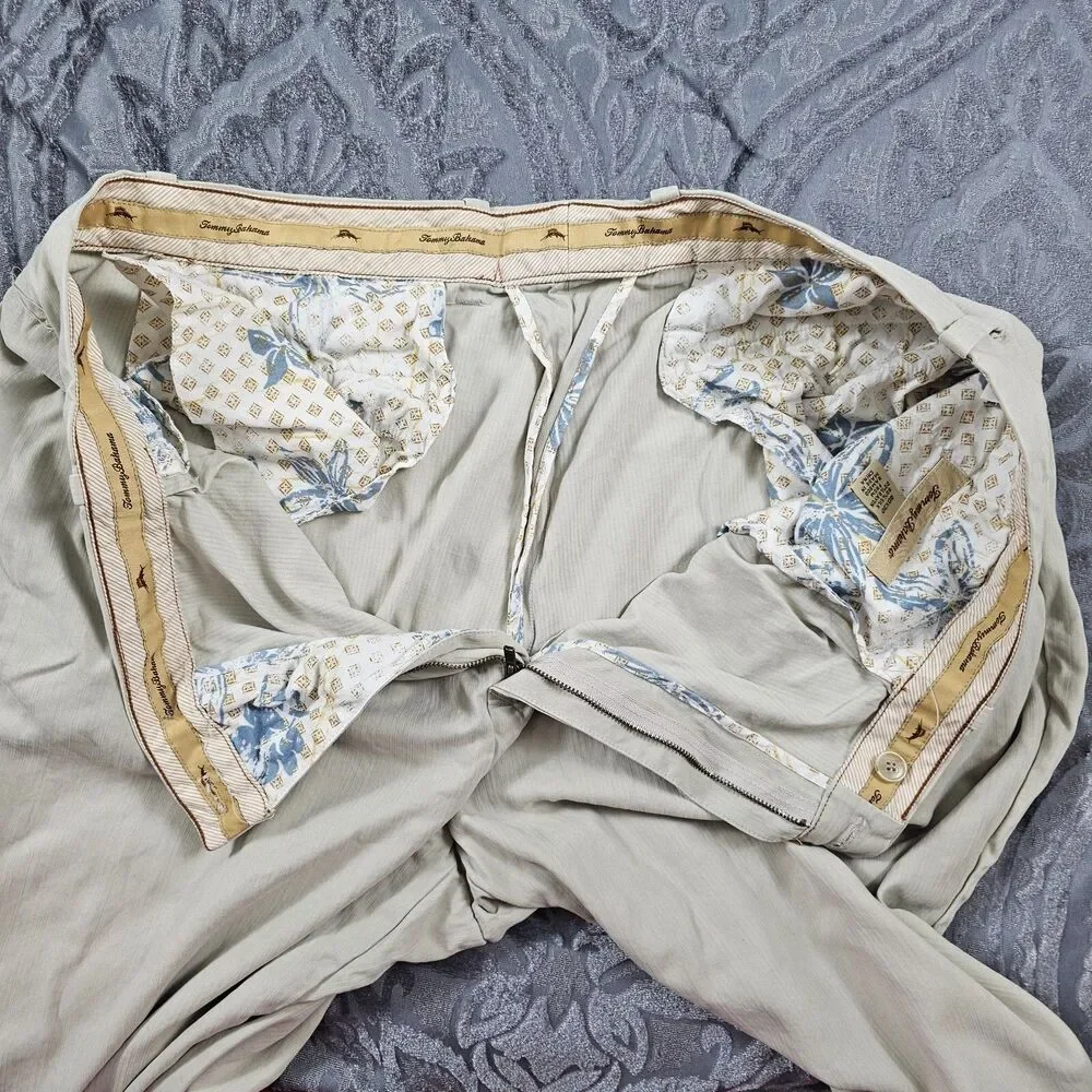 Tommy Bahama Pants Mens 39x28* Beige Silk Blend Pleated Golf Chino Casual Relax